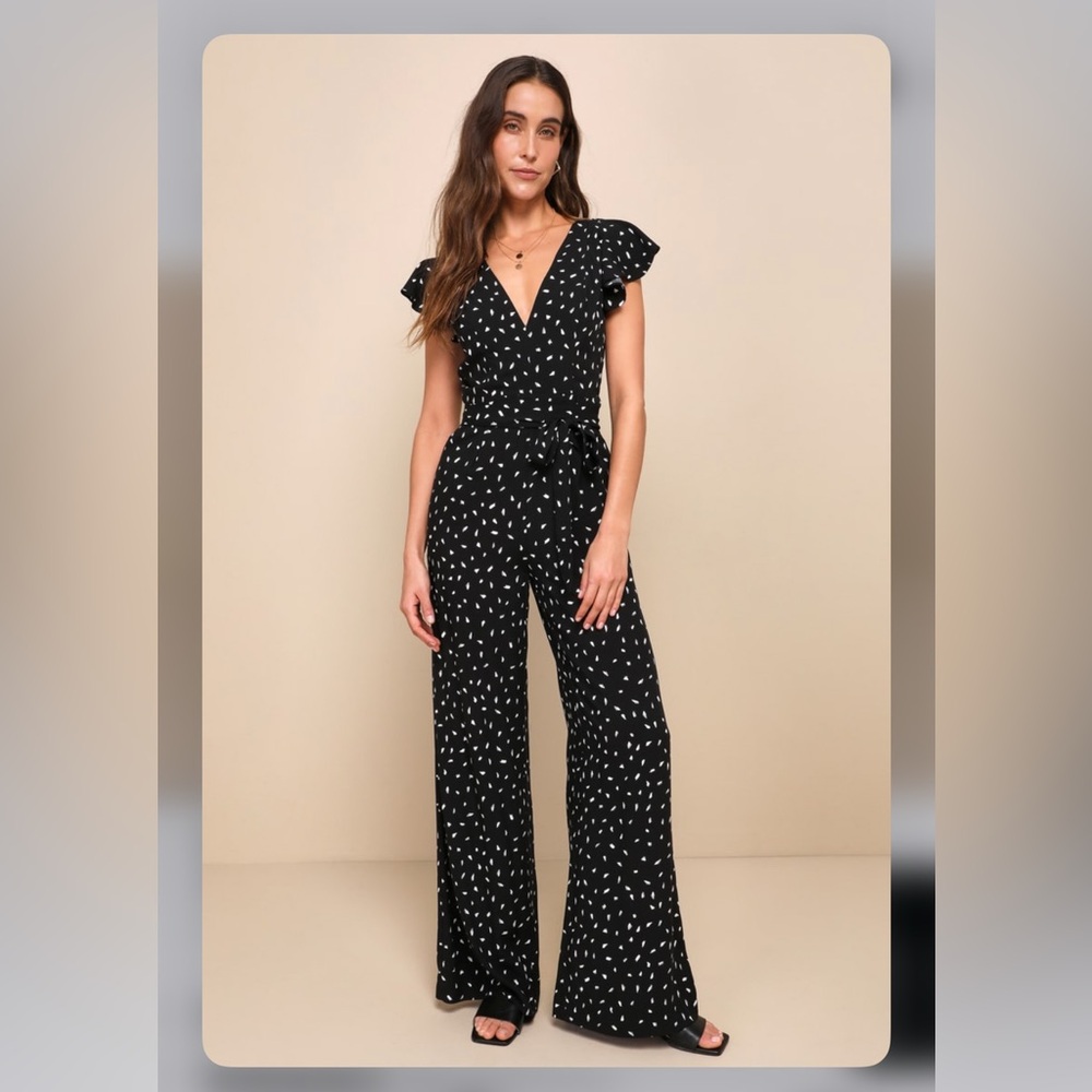LULUS Fine Print Black and White Print Backless Jumpsuit